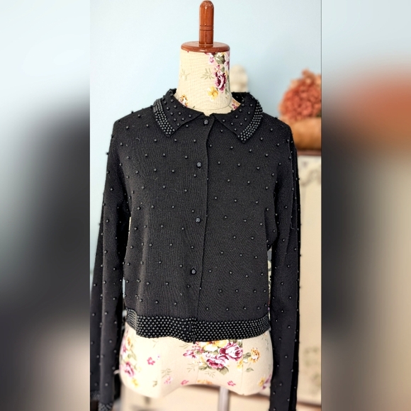 Statements Vintage Black  Beaded Cardigan with Beaded Trim - Picture 4 of 11